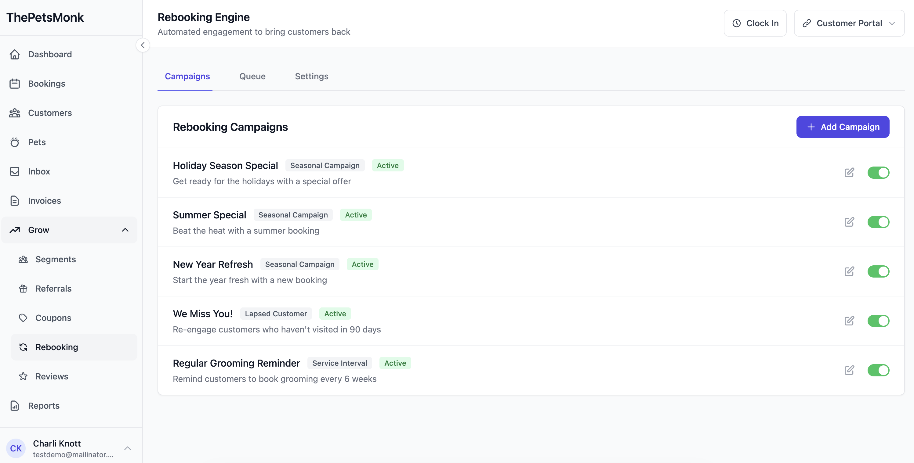 Marketing & growth — rebooking, segments, referrals, coupons, reviews