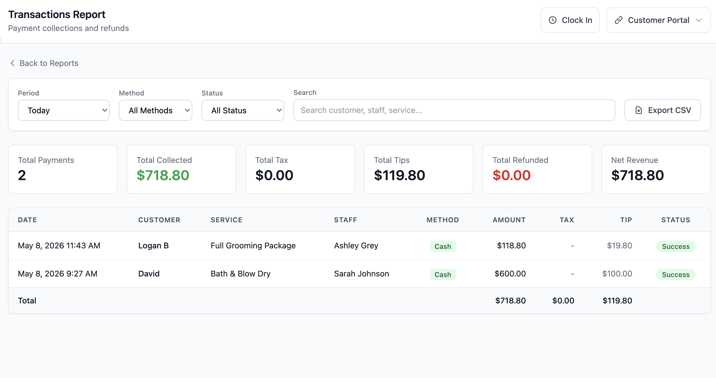 Payments — revenue tracking, customer billing, transaction history
