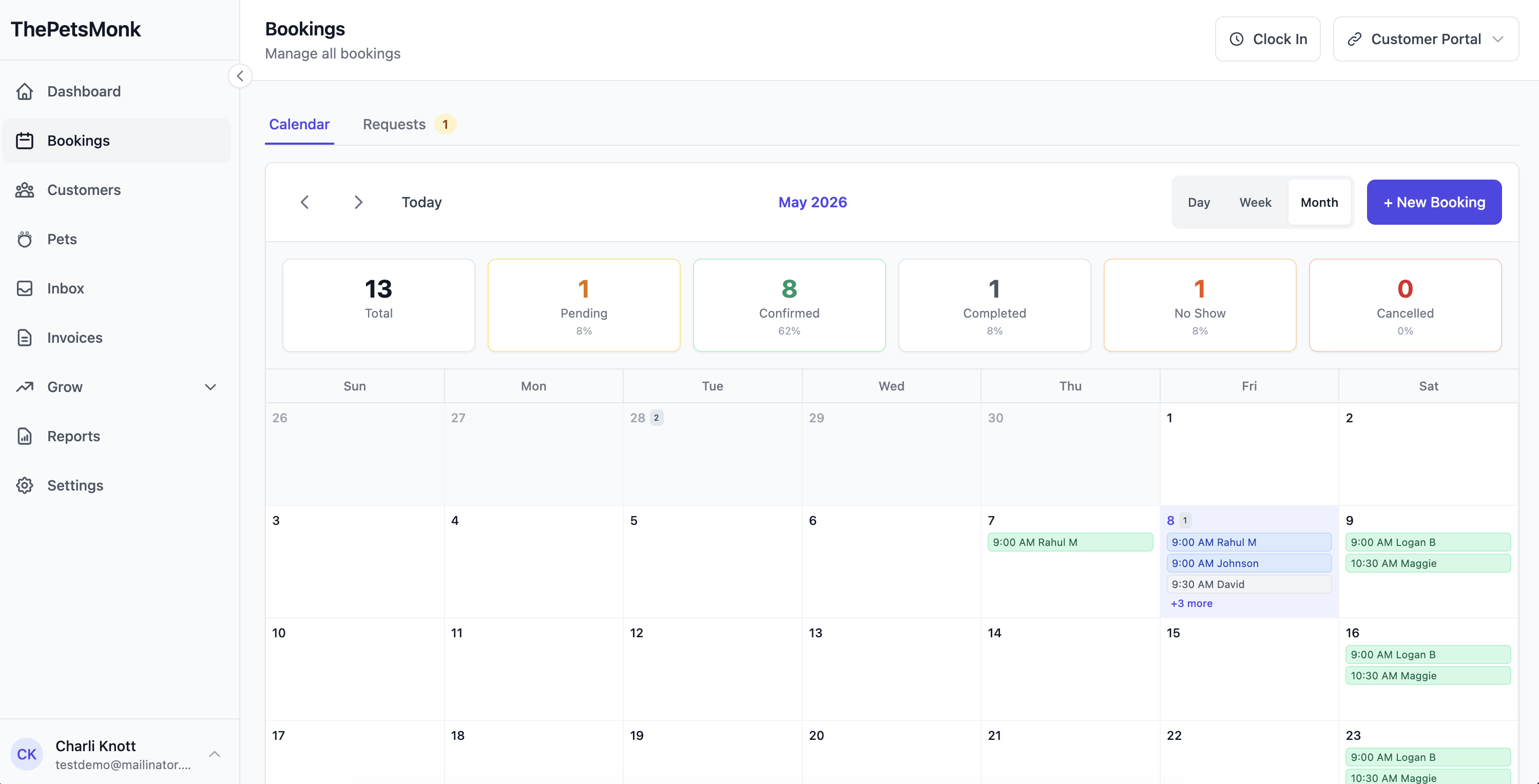 Scheduling calendar — staff lanes, day/week views, recurring bookings, conflict detection